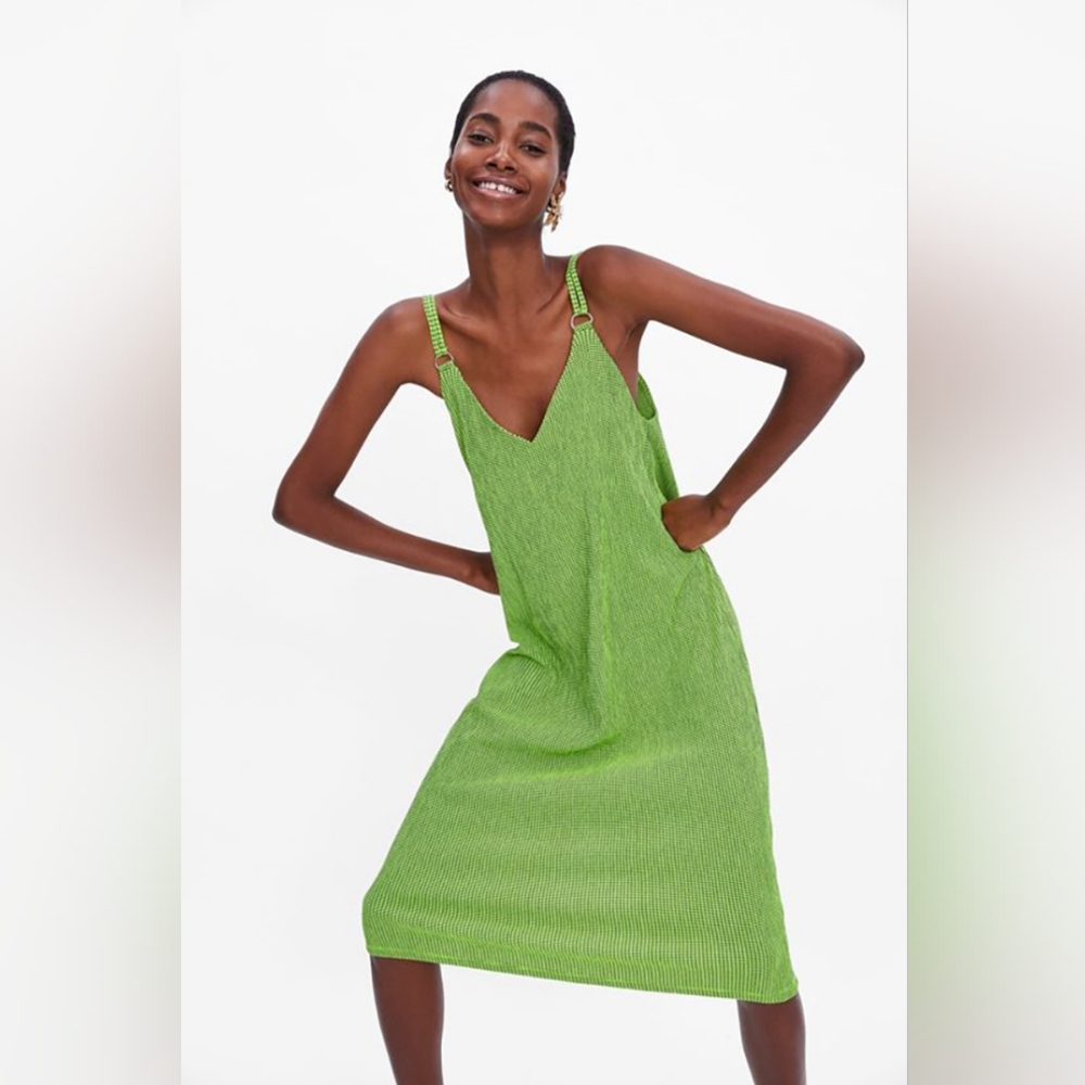 Women's Neon Green Gingham Spaghetti Strap D-Ring Midi Dress Small